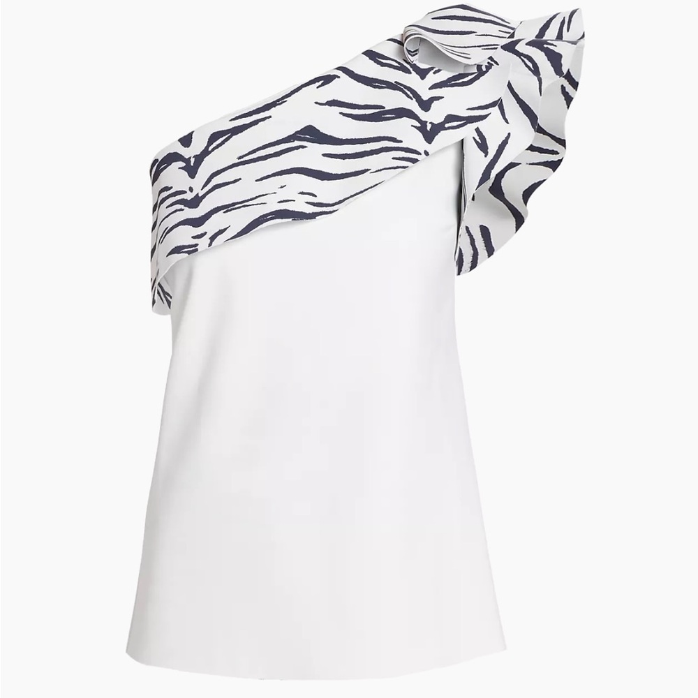 Chiara Boni White One-Shoulder Zebra-Print Ruffle Top, size 10, IT 46. NWT